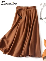 surmiitro 2021 autumn winter fashion midi long skirt women korean style mid length high waist a line skirt female with belt
