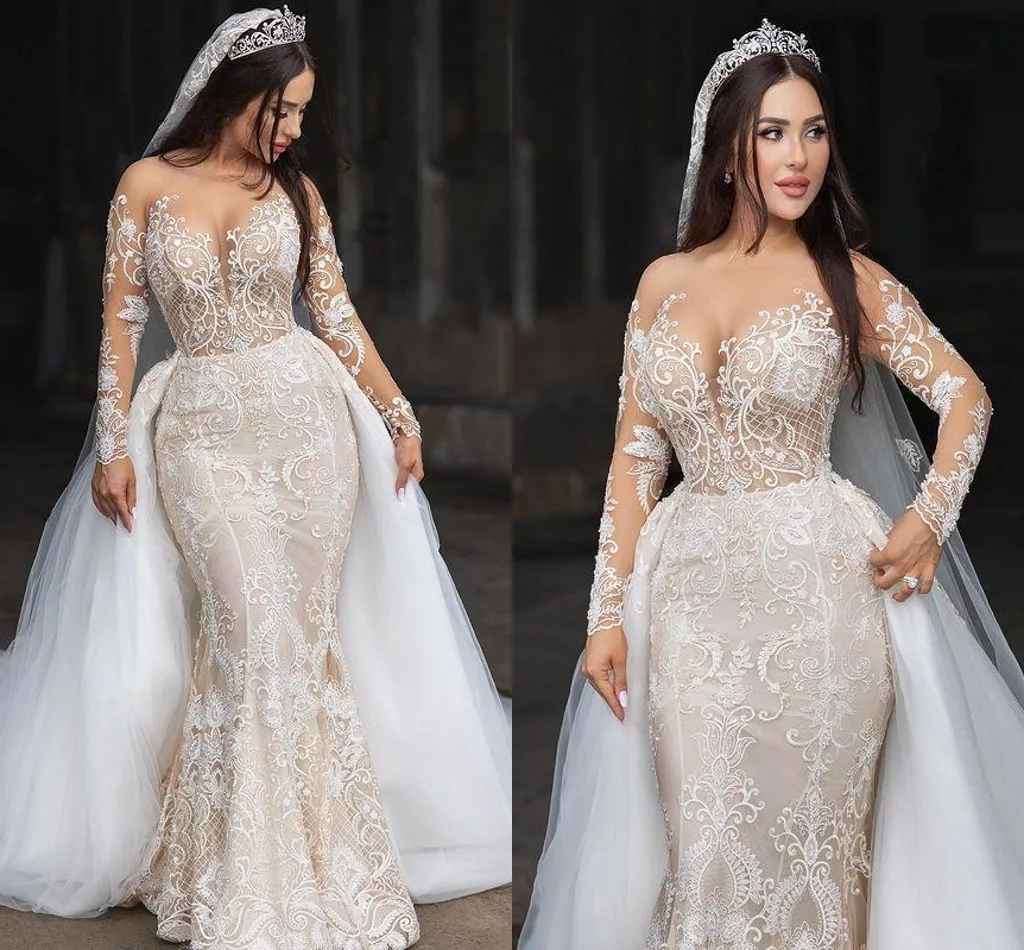 

Designer Lace Mermaid Wedding Dresses Two Pieces Illusion Bridal Gowns Arabic Aso Ebi Long Sleeves Detachable Train Marriage