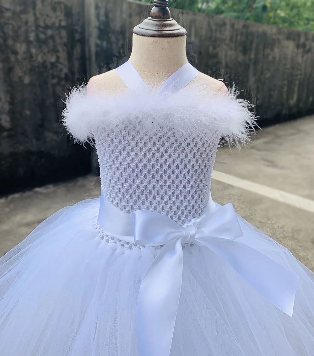 Белое блестящее платье пачка с перьями и Ангелом для девочек на день рождения