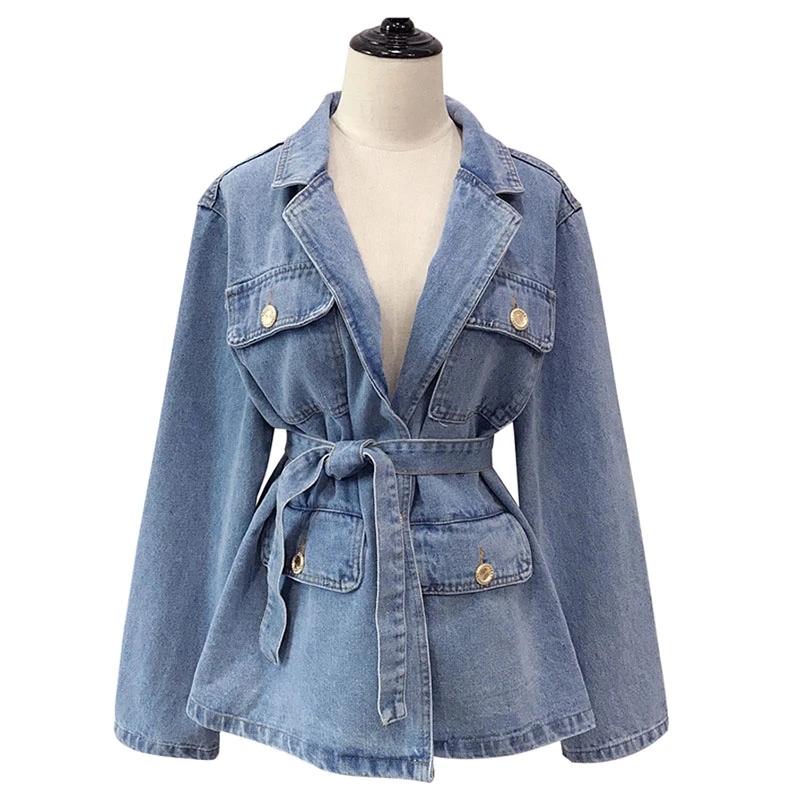 Женская ВИНТАЖНАЯ ДЖИНСОВАЯ КУРТКА с поясом Однотонная синяя свободная куртка