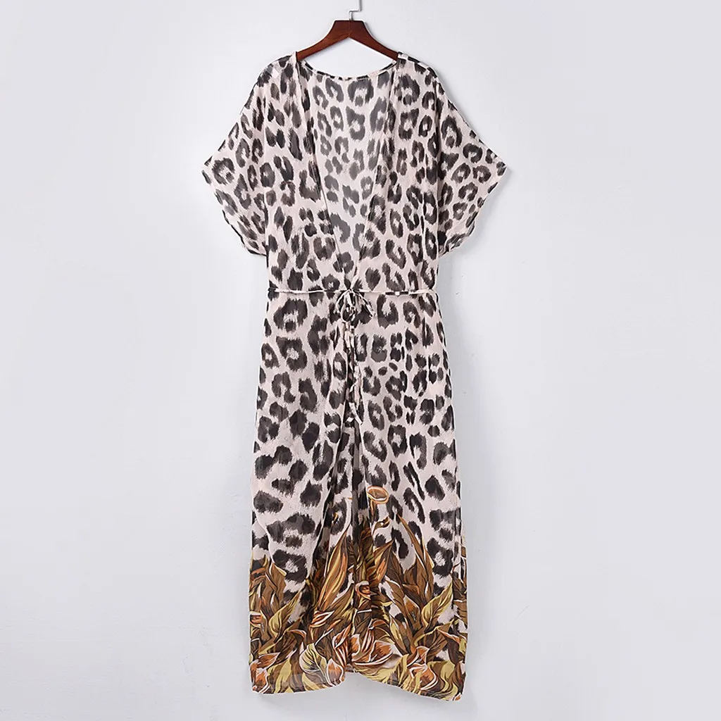 

New Beach Dress Women Leopard Print Chiffon Beach Kimono Long Cardigan Shawl Tops Outwear 2021