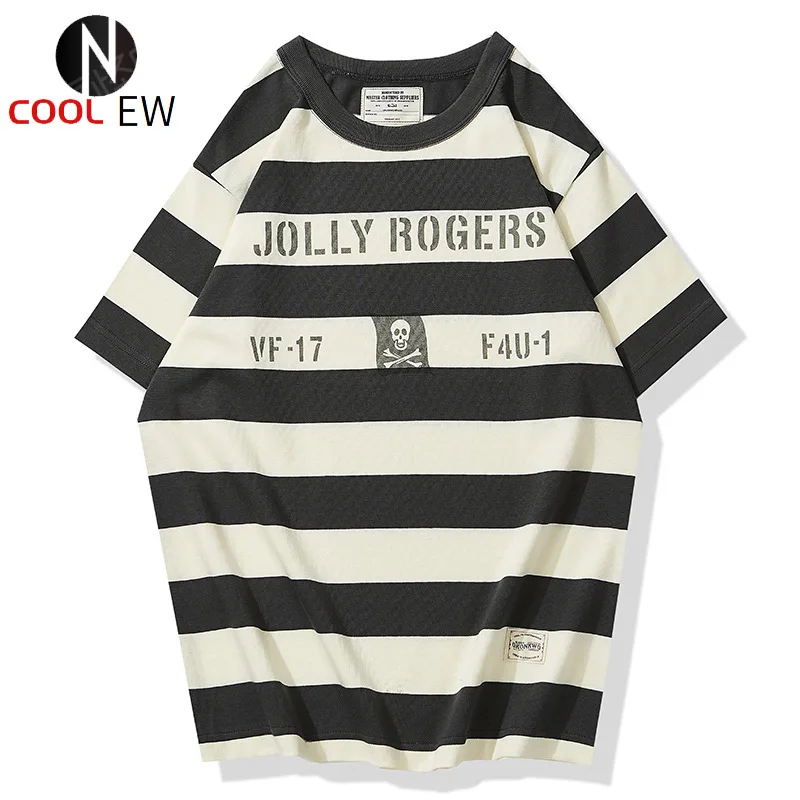 

Amekaji Heavyweight American Vintage Motorcycle T-shirt Short-sleeve Printing Prisoner Striped T-shirt Men