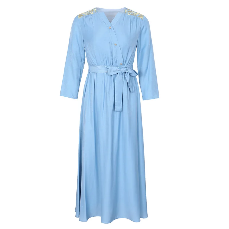 

New Top Quality Runway Dress 2021 Autumn Women Luxurious Golden Embroidery Three Quarter Sleeve Mid-Calf Vintage Pink Blue Dress