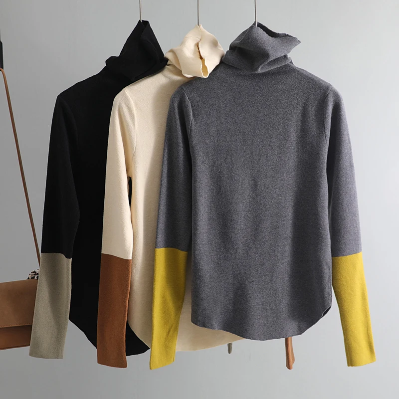 2019 casual spring autumn Pile collar weater pullovers Women basic loose patchwork sweater female turtleneck knit jumper | Женская