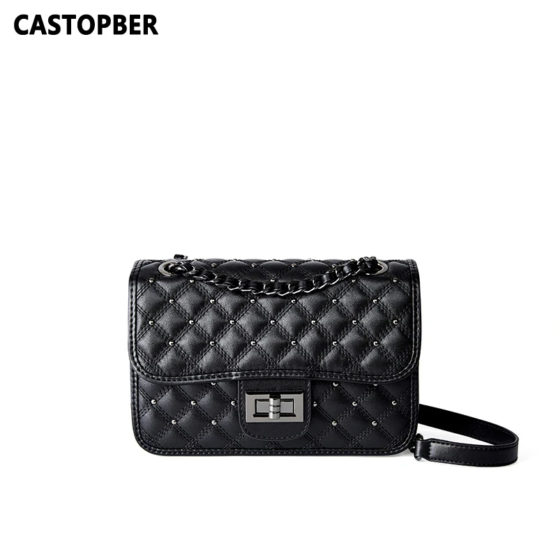 

New Women Fashion Designer Quilted Shoulder Handbags Metal Leather Link Chain Rivet Crossbody Bags Diamond Lattice Ladies Famous