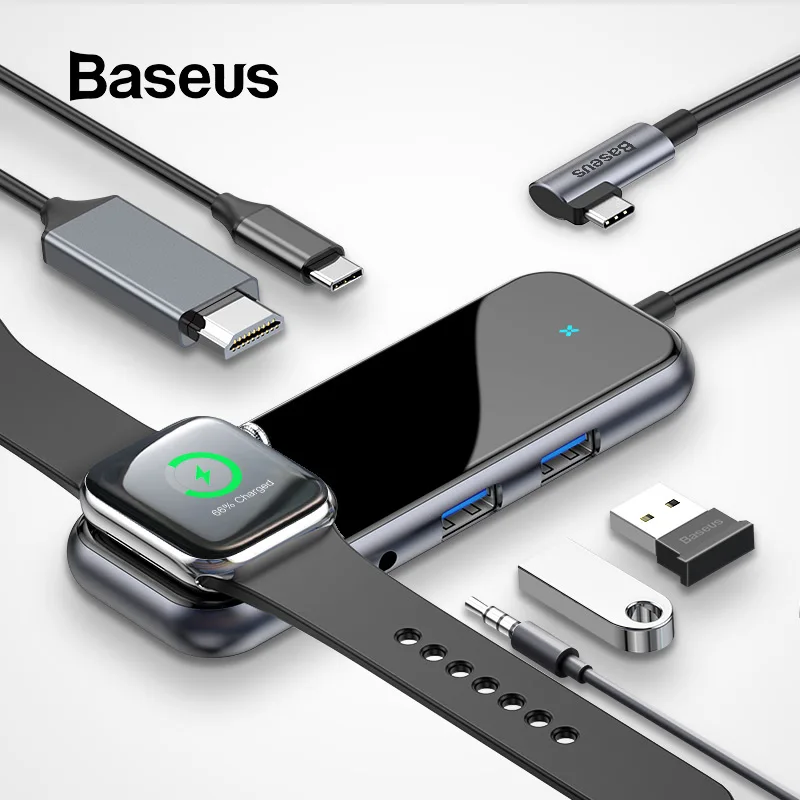 Baseus USB C концентратор к USB 3,0 HDMI RJ45 адаптер для MacBook Pro Air мульти Тип C концентратор с беспроводной зарядкой для iWatch USB-C концентратор