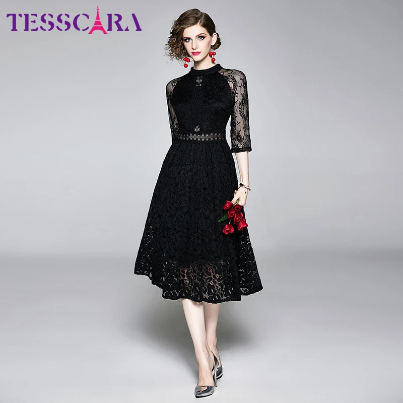 Black TESSCARA женское повседневное кружевное платье Festa женские элегантные вечерние платья высокого качества Femme с вырезами дизайнерские черные и красные Vestidos - Цвет: Black