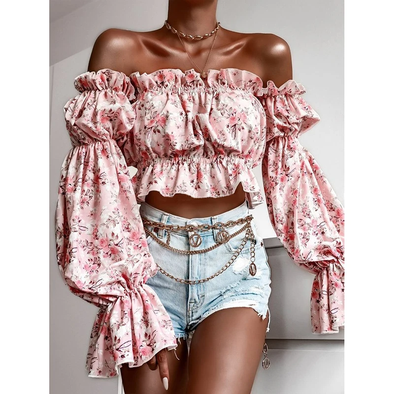 

Autumn New Puff Sleeve Super Short Shirt Sexy Off Shoulder Print Long Sleeve Blouses Tops Women Fashion Strapless Ruffles Blusas