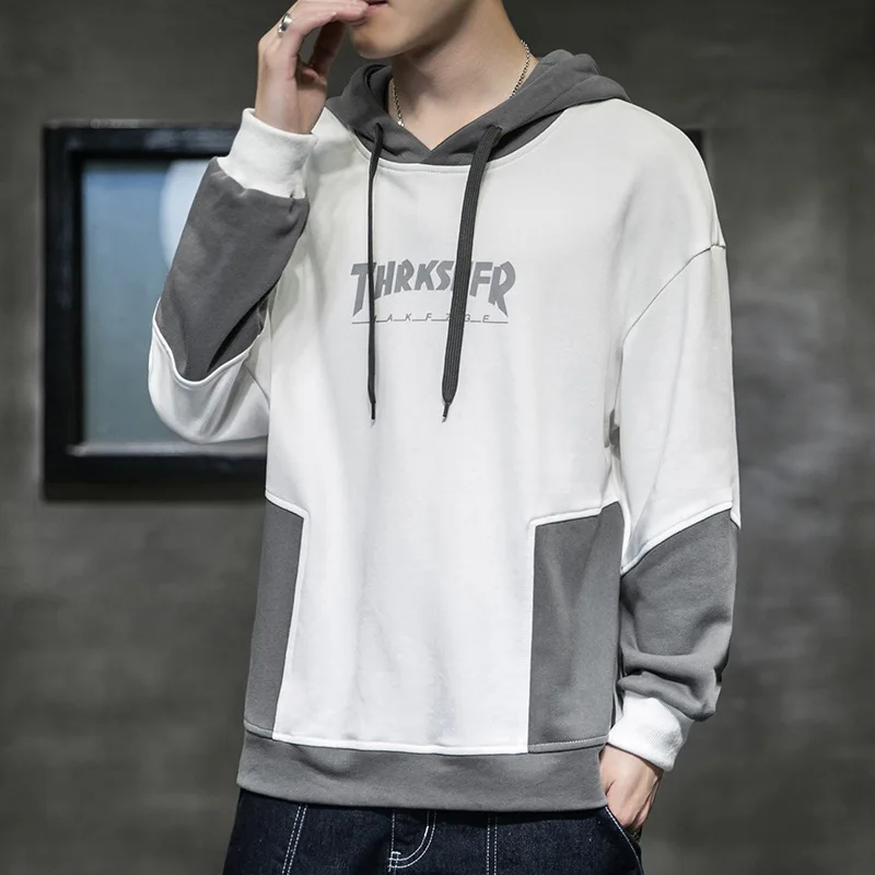 

Осенний свитер, мужской свободный модный бренд с капюшоном и длинными рукавами, новинка 2021, джемпер, Корейская мужская Двухслойная футболка