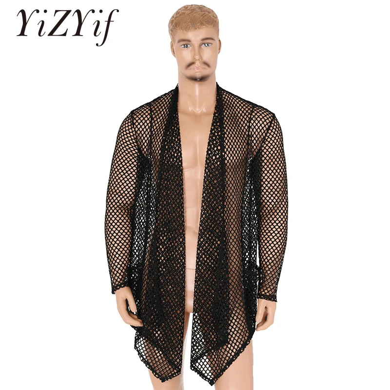 

Men Cardigan Shawl Fishnet Ruffle Shawl Collar Cardigan Long Sleeve Open Front Asymmetric High Low Hem Long Length Drape Cape