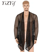 men cardigan shawl fishnet ruffle shawl collar cardigan long sleeve open front asymmetric high low hem long length drape cape
