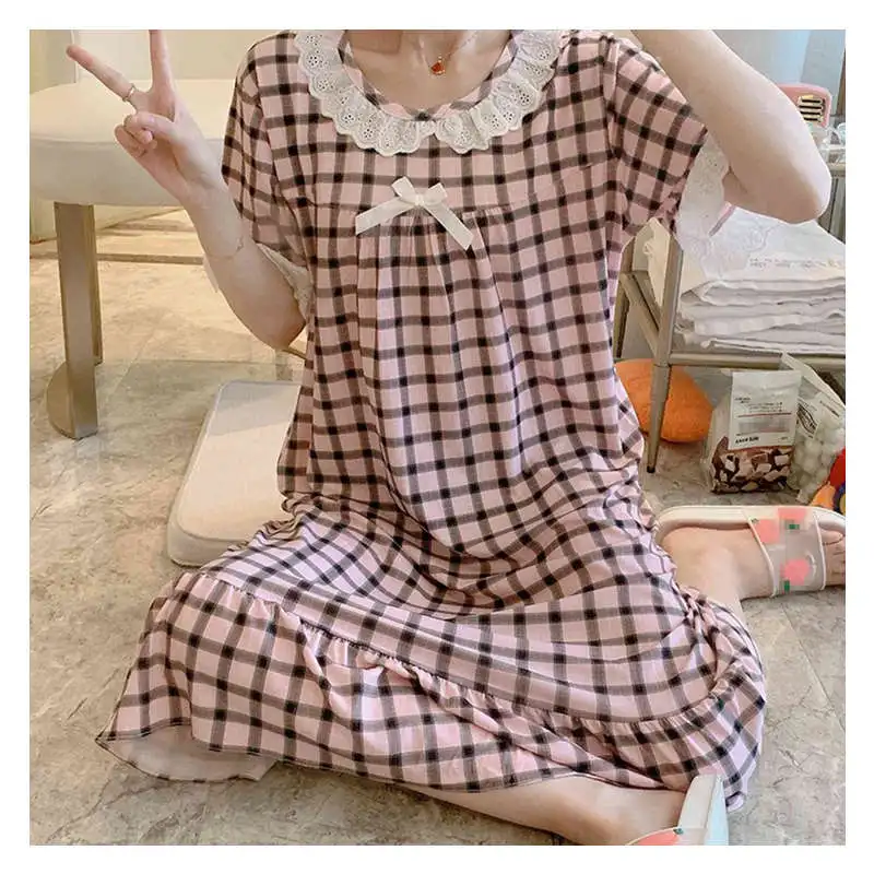 Летние Ночные сорочки женское милое квадратное ночное белье в клетку кружевное