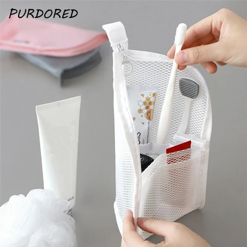 

PURDORED 1 Pc Folding Zipper Travel Makeup Brush Bag Portable Mesh Cosmetic Bag Travel Makeup Bag Toothbrush Washing Organizer
