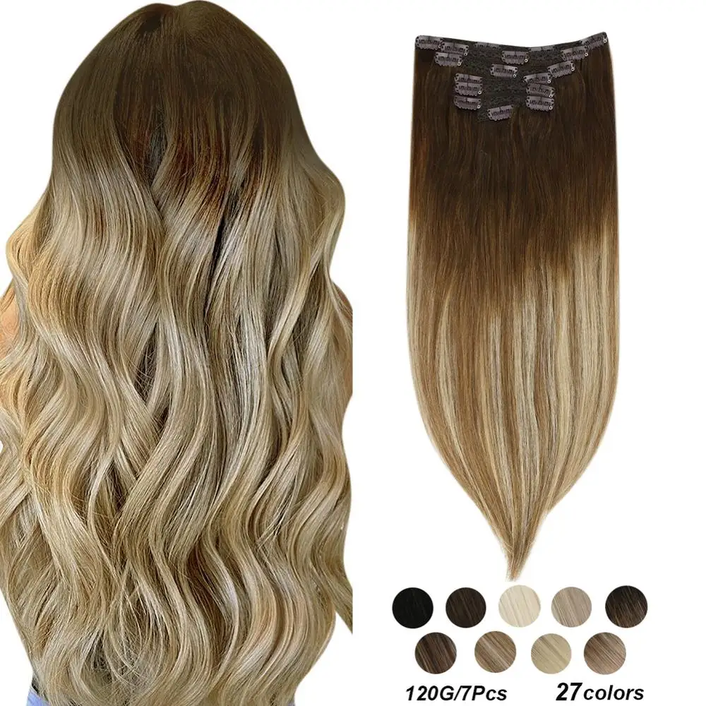 

Ugeat Clip in Hair Extensions 14-22" Human Hair Double Weft Remy Hair Full Head Clip in Extensions 100g/7Pcs Set