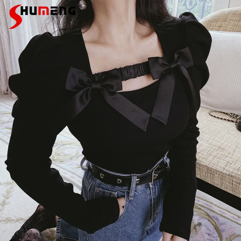 

Женский вязаный Топ с бантом, оригинальный Модный пуловер в стиле ретро с квадратным воротником и пышными рукавами, простой Однотонный свит...