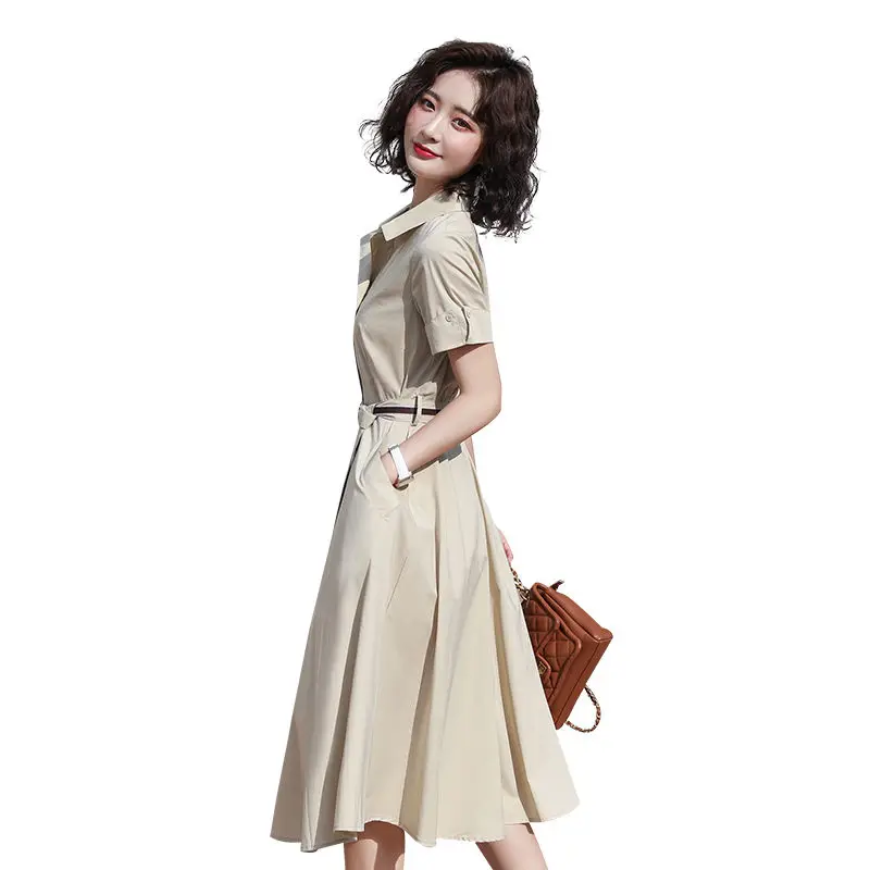 

2021 summer new style temperament slim shirt skirt mid-length waist retro simple dress women