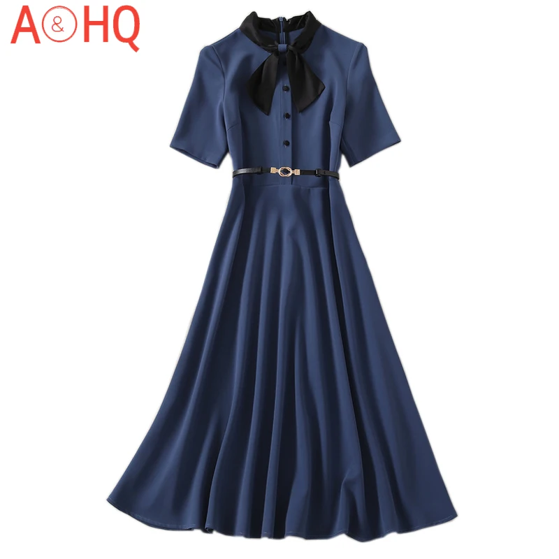 

Summer Fashion New Women'S Bow Tie Patchwork Fashion Slim Belt Party Casual Vintage Elegant High Quality Midi Dress