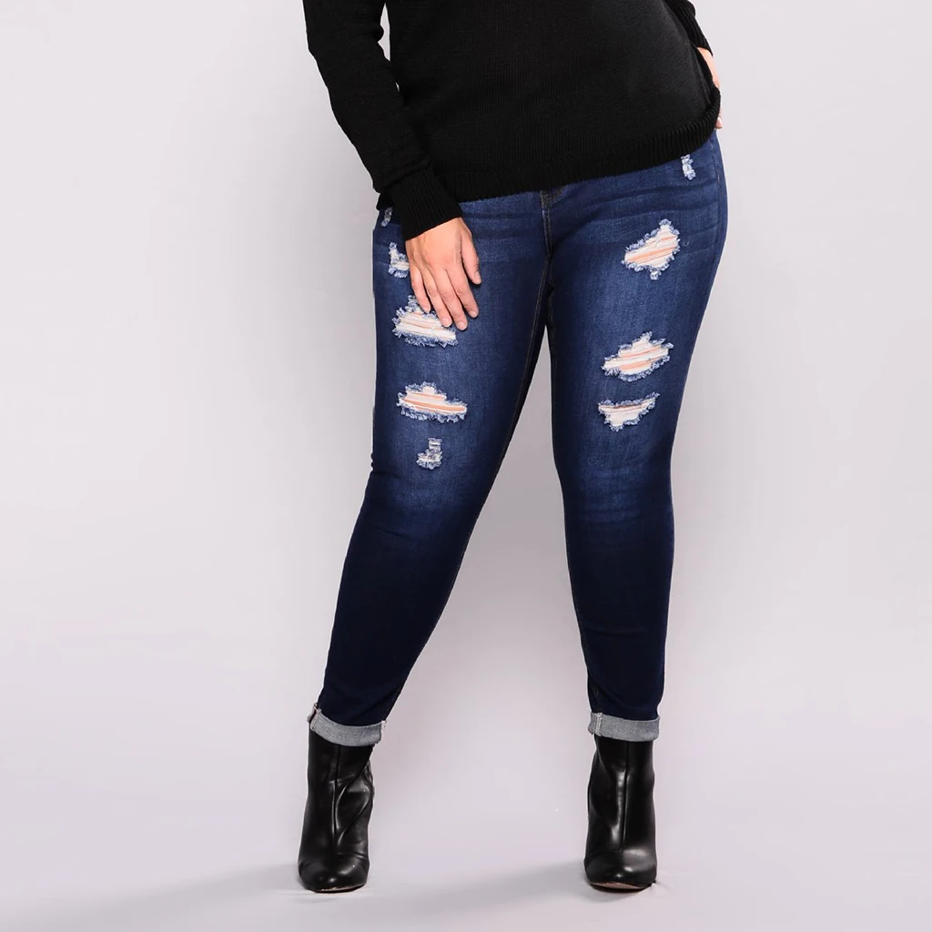 

Мода ретро женщин леди размера плюс деним тонкий рваные брюки потертые джинсы-Карандаш Стретч L - 5XL