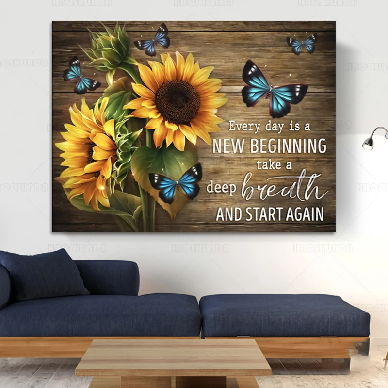 Современный домашний декор Деревенская ферма искусство Подсолнух синяя бабочка