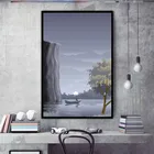 Акварельные постеры на холсте с изображением озера, лодки, скалы