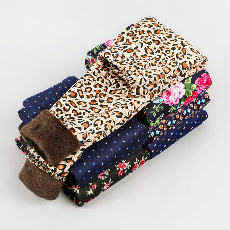 

Autumn Winter Baby Girls Leggings 2021 Thick Warm Dot Pants Kid Girl Leopard Plus Velvet Pants Children Vintage Flowers Trousers