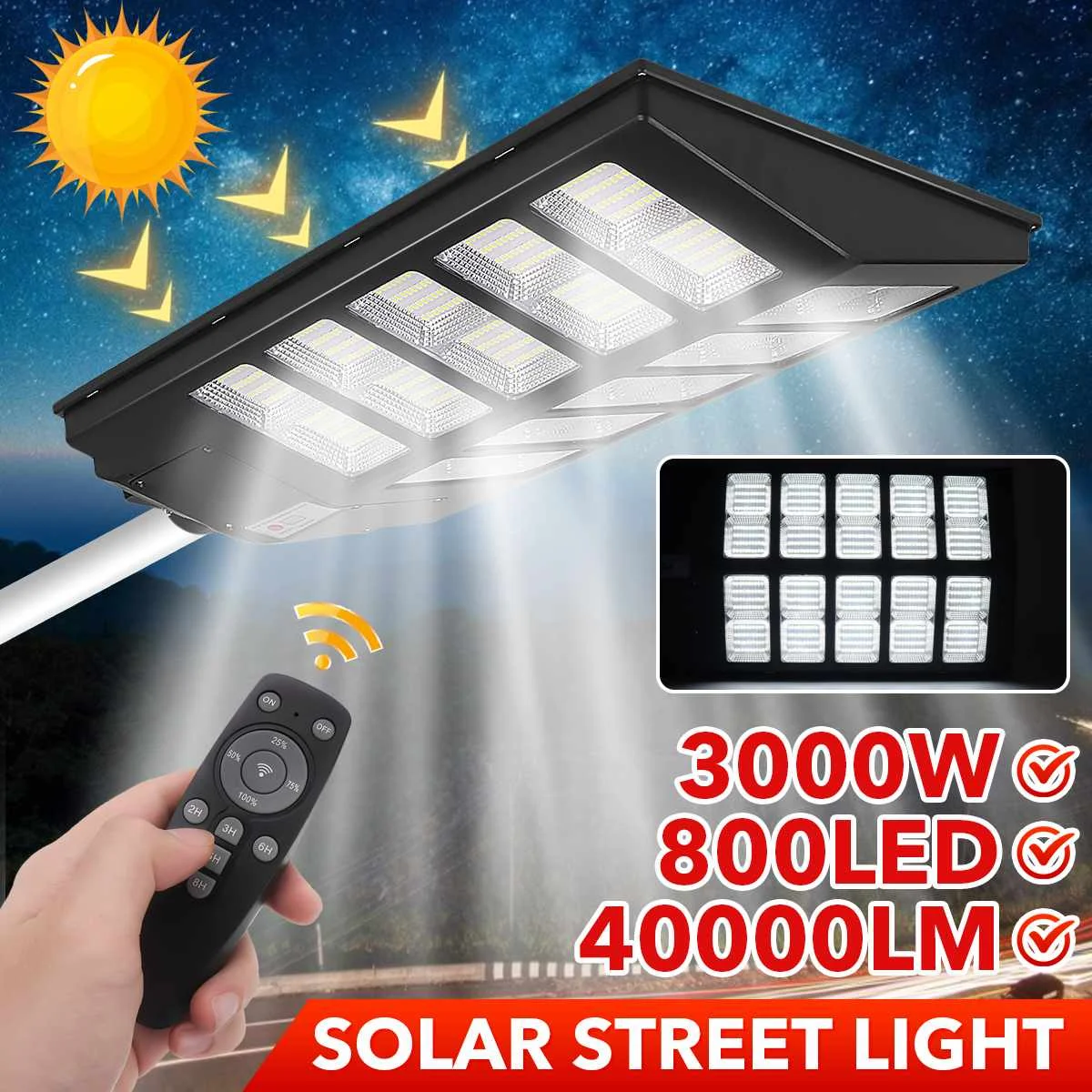 

1000W 2000W 3000W LED Solar Street Light Waterproof PIR Motion Sensor + Remote Control Outdoor Lighting Security Lamp