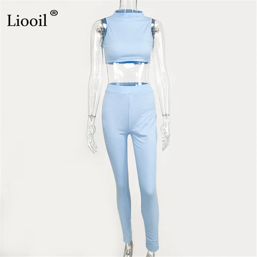 

Liooil Two Piece Tight Set Sexy Short Tank Tops And Pants 2021 Sleeveless O Neck High Waist Tracksuit Women Joggers Suit Sets