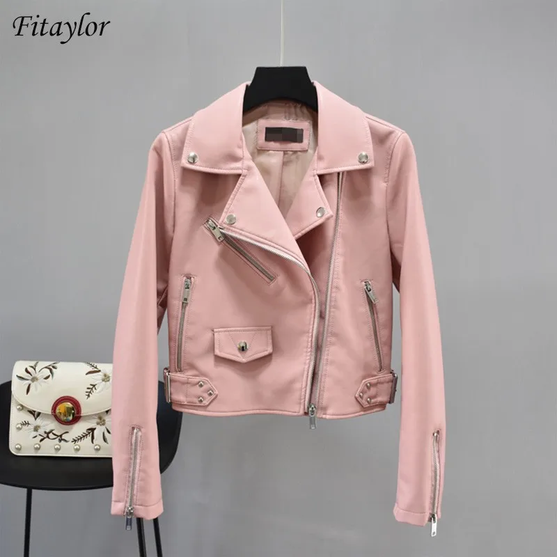 

Fitaylor New Autumn Women Streetwear Rivet Pu Faux Leather Jacket Casual Female Slim Turn Down Collar Biker Black Short Coat