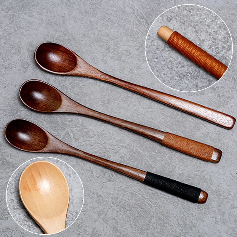 1pc Wooden Long Spoon Environmental Protection Natural Long Handle Round Spoon Cooking Mixing Spoon Kitchen Appliance