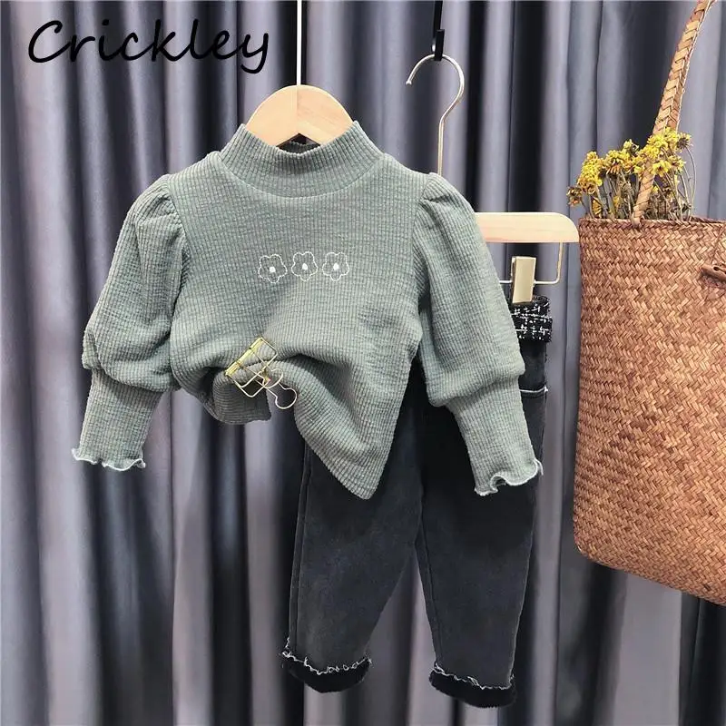 

Autumn Winter Warm Girls T shirts Flower Pattern Fleece Thick Kids Top Tee Solid Turtleneck Long Sleeve Toddler Children Clothes