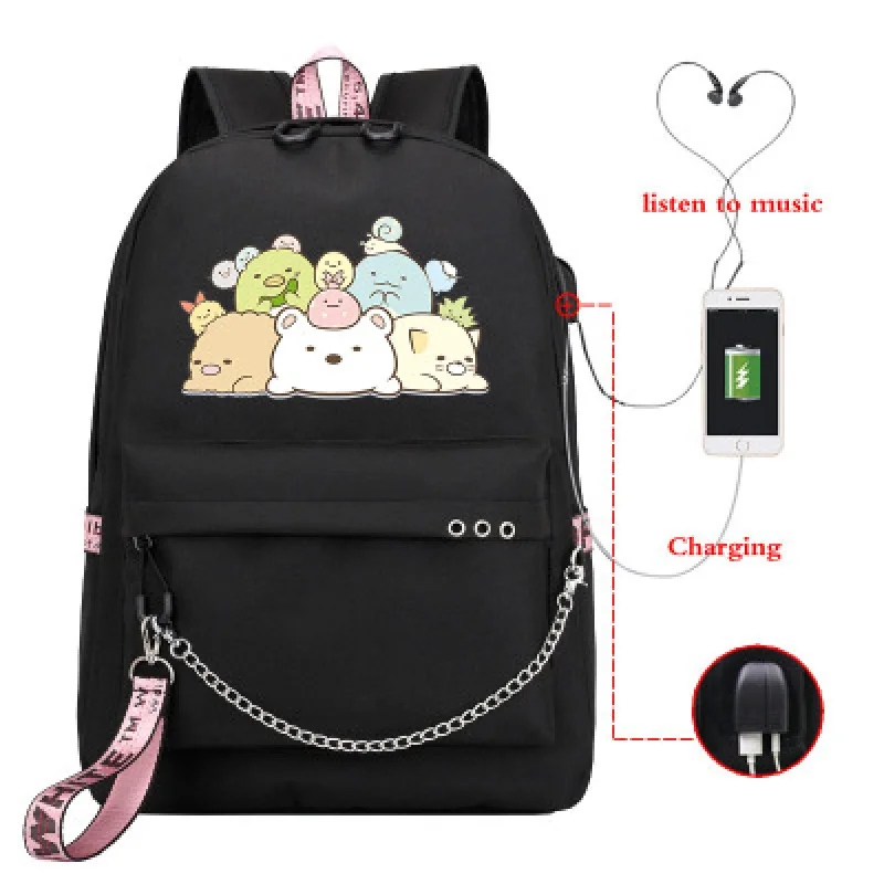 

New Large-capacity Student Cartoon Fashion Chain Girls Webbing Schoolbag USB Double Wiring Backpack