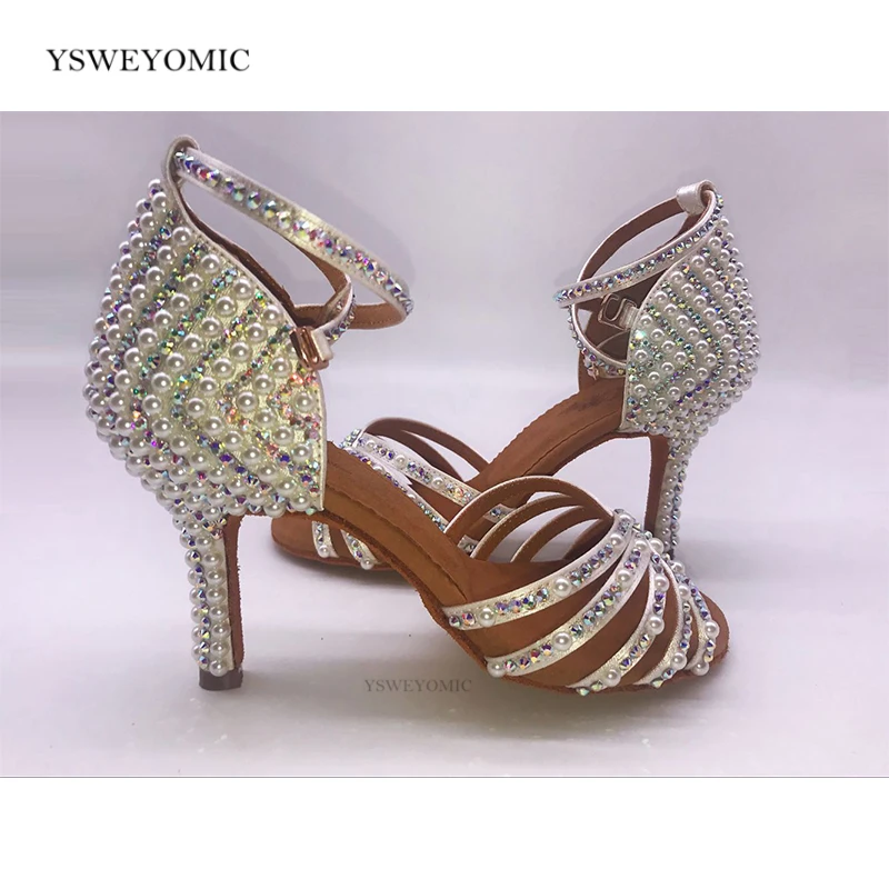 White Peals Latin Salsa Dance Shoes Women Confortable Flexible Suede Sole Rhinestones Latin Bachata Dancing Shoes for Girls