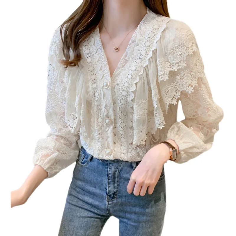

Spring Women 2021 New Hollow Lace Mesh Top Temperament Ruffled V Neck Fashion Shirt High End Pearl Button Blouse Ladies Elegant