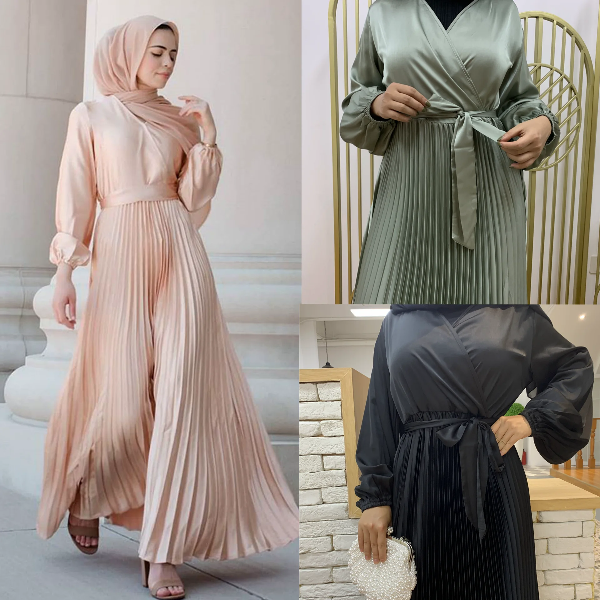 ИД элегантное хиджаб платье абайя для женщин мусульманская Мода с вырезом горловины с длинным рукавом Пояс Плиссированные Платья исламски...