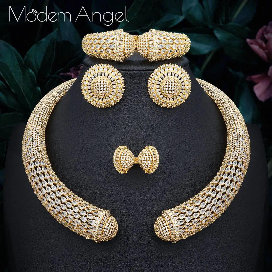 ModemAngel известный бренд диск Роскошные нигерийские Свадебные невесты кубического циркония ожерелье Дубай 4 шт. комплект ювелирных изделий