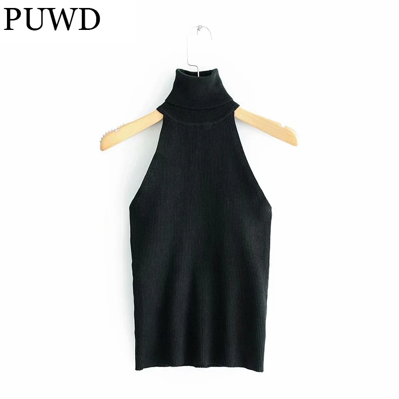 

Модный женский вязаный свитер без бретелек PUWD с высоким воротником 2021 повседневный уличный сексуальный однотонный тонкий темпераментный т...