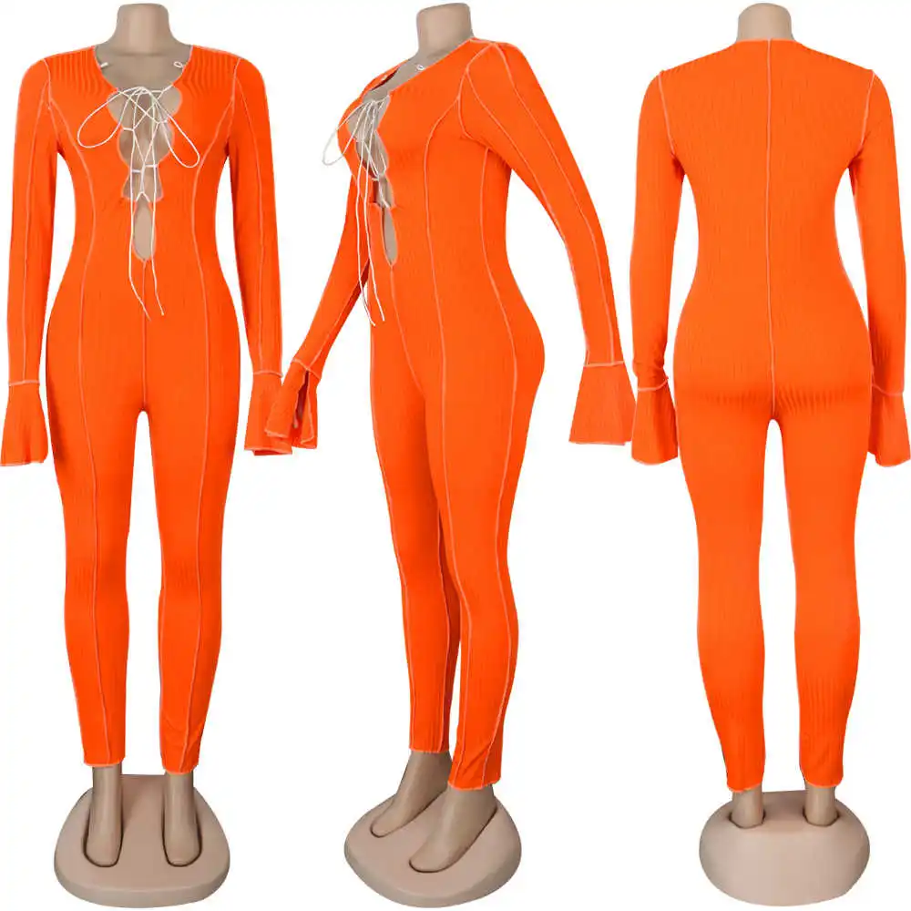 

Lace Up Sexy Jumpsuit Women Bodysuit V Neck Patchwork Bodycon Rompers Overalls Streetwear Party Club Outfits