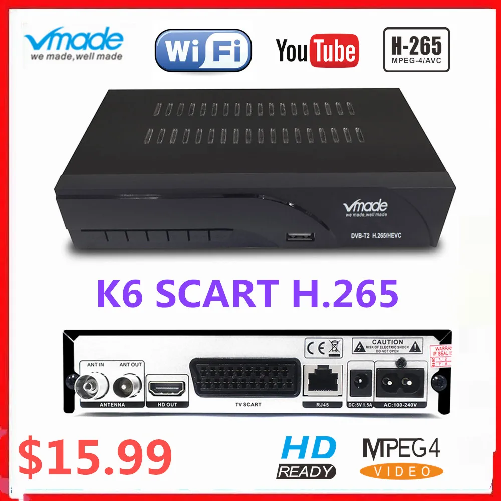 DVB T / T2 Vmade K6 Scart эфирный приемник с полным HD 1080P H.265 Wi Fi могут смотреть видео на YouTube