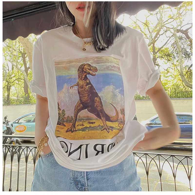 

Женская Винтажная Футболка с принтом динозавров, белая свободная хлопковая футболка с коротким рукавом и круглым вырезом, брендовая Повсед...
