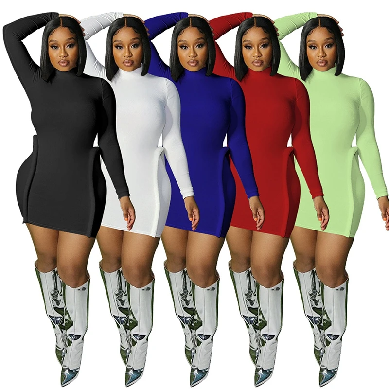 

Women Fashion Rib Knitted Mini Dress Long Sleeve Bodycon Fall Solid Skinny Package Hip Mini Dress Nightclub Party Wear S-XXL