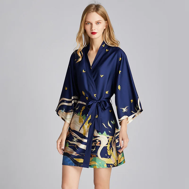 

Women Dunhuang Fresco Print Nightdress Three Quarter Sleeve V Neck Sleepwear with Waist Straps