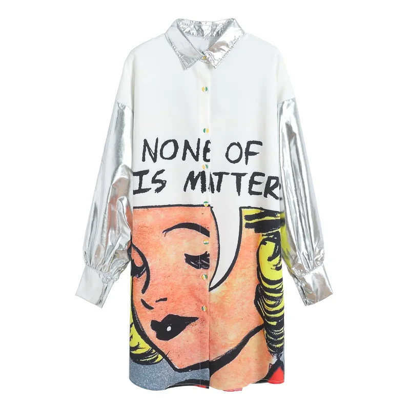 Женская демисезонная длинная рубашка металлического цвета с мультяшным принтом