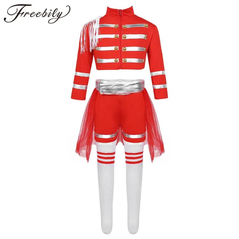 

Kids Girls Team Sports Cheerleader Cheerleading Uniforms Outfit Long Sleeves Zipper Crop Tcop + Shorts Mesh Skirt Socks Teamwear