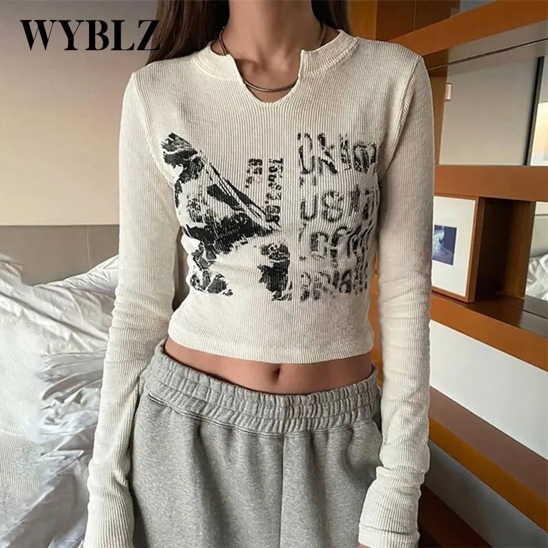 

Korean Style Sexy Slim Short Tshirt Vintage Letter Print Long Sleeve Pullover Top Women Fashion Streetwear Graffiti Tops Y2K