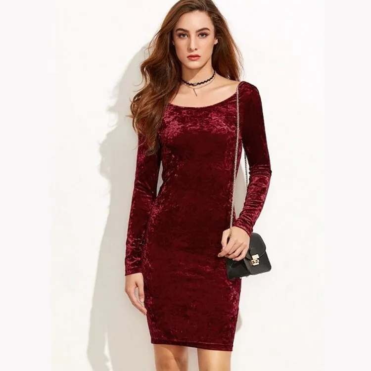 

2021 New Women's Luxury Designer Wine U-Shaped Backless Li Service Style Long Sleeve Package Hip Velvet Sexy Woman Dress Mini