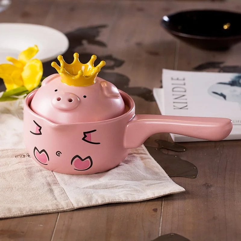 

Cute Pink Pig Cartoon Casserole Milk Pot Cooking Pot Fire Resistant High Temperature Handle Household Ceramics Hot Pot