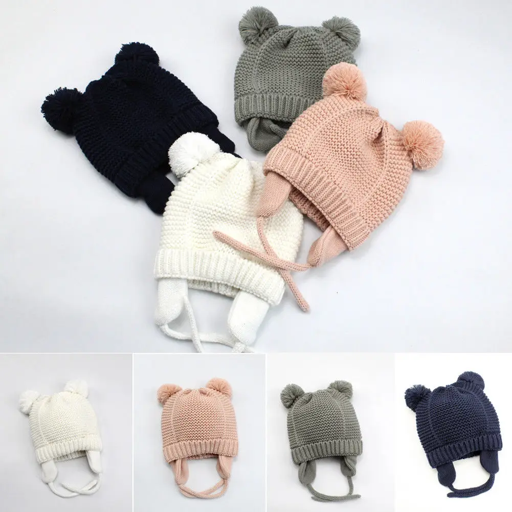 

Pudcoco Newborn Winter Autumn Warm Cap Toddler Boys Girls Solid Warm Bear Ears Shape Cute Hat