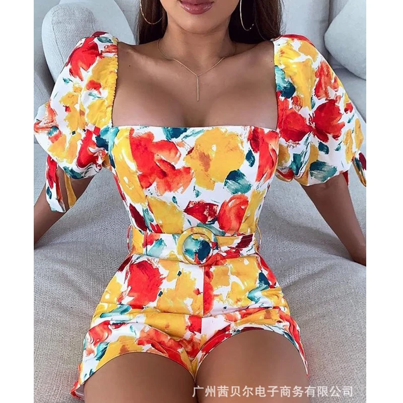 

WEPBEL Playsuits Women's Casual Printed Slim Straight Playsuits Summer Fashion Short Sleeve Square Collar High Waist Playsuits