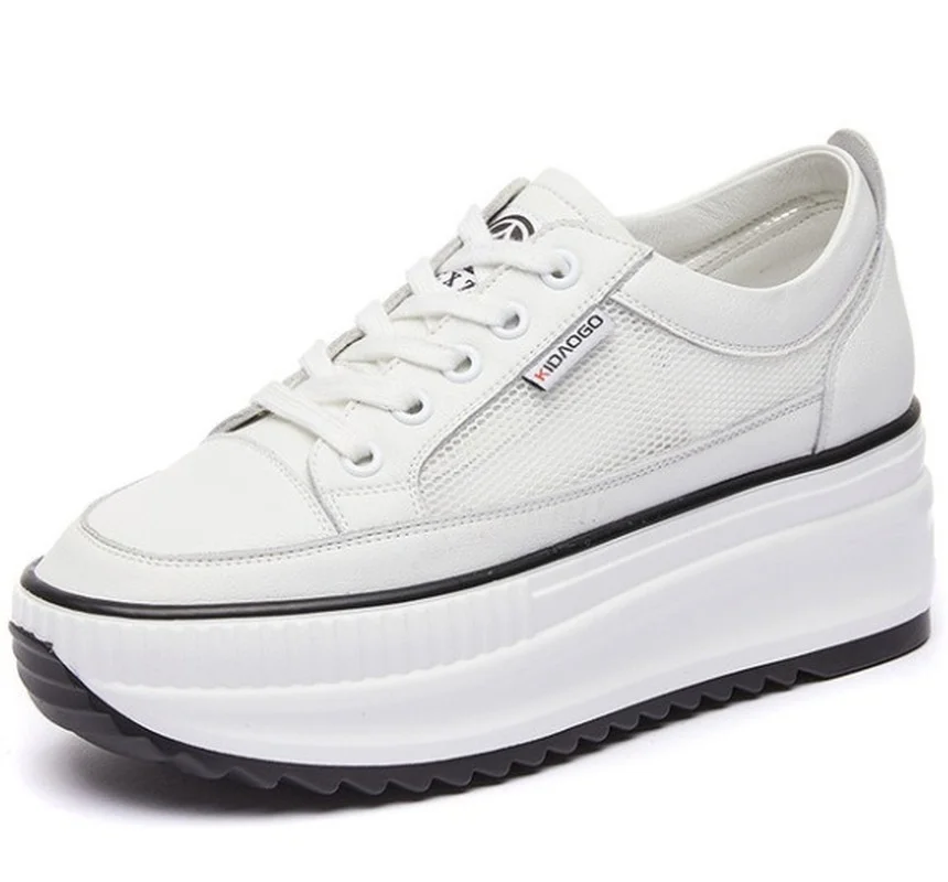

Genuine Leather 8cm Dad Shoes Chunky Sneakers Platform Heel Wedge Air Mesh Summer Shoes Vulcanized White Sneakers 2021