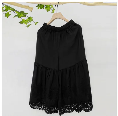 

Korea Style Mori Girl Lace Elastic Waist Loose Cotton Thin Cropped trousers Women Casual Wide leg Pants